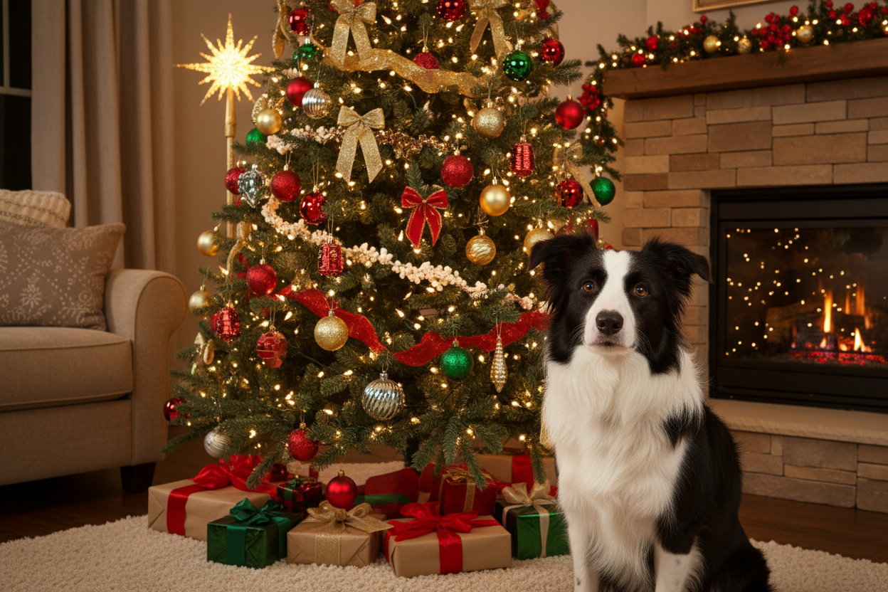 A Bordercollie in a sitting under a christmas tree