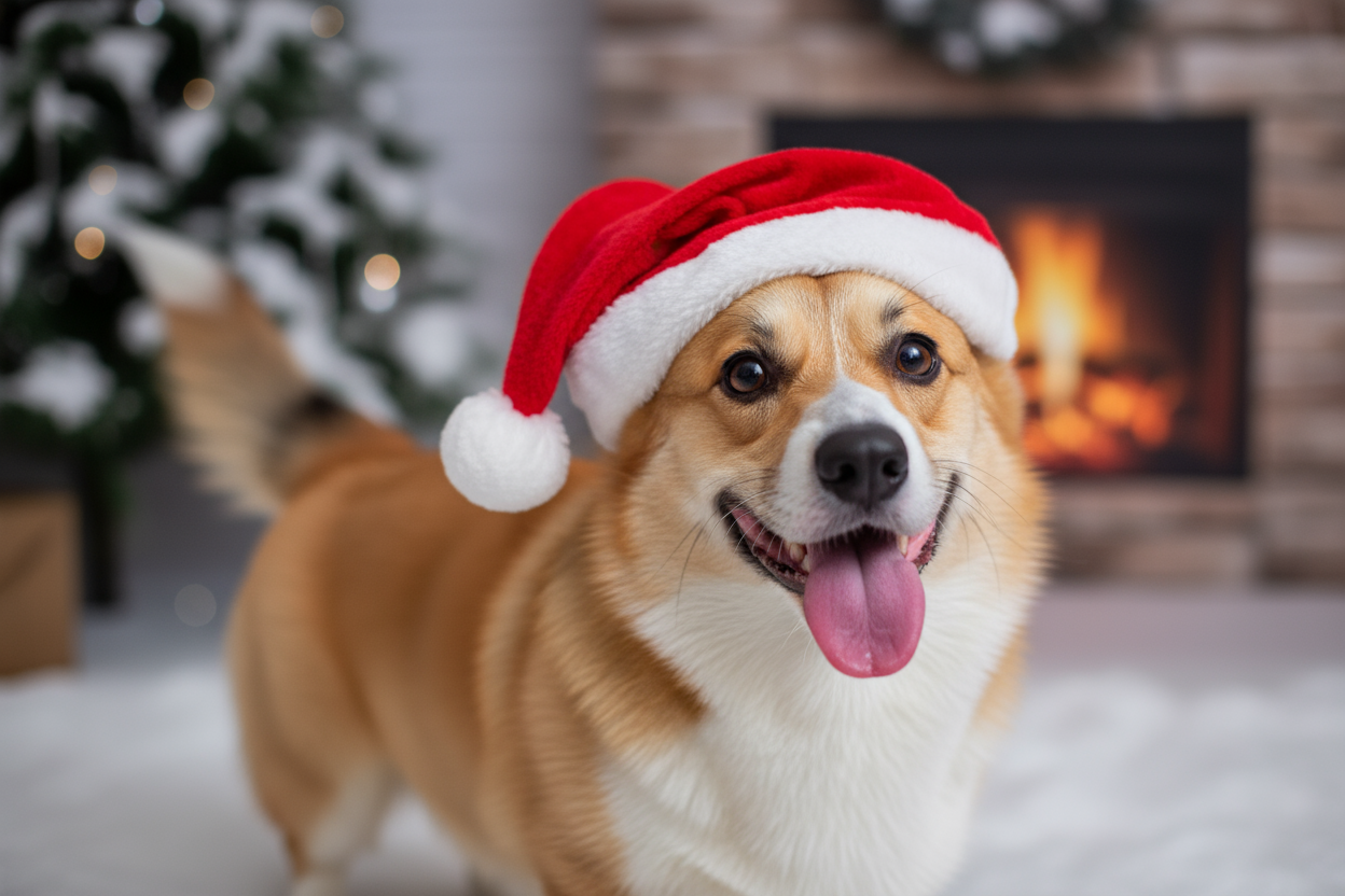 Real corgi in a santa hat